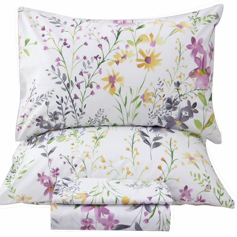 QSH Floral Queen Size Sheet Sets - Yellow Wild Flower Botanical Pattern Egyptian Cotton Printed Bedding Sheets Set Queen Size Bed Extra Breathable 4pcs Queen Sheet Set Deep Pocket 17.5" - Image 1